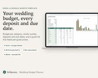 Wedding Budget Planner Spreadsheet, Vendor Payments and Guest List, Excel and Google Sheets