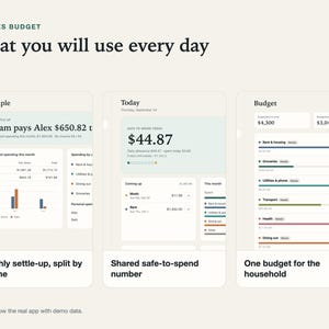 Three views of the Stillpenny Couples Budget app you use every day, side by side, with demo data.