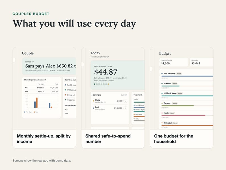Three views of the Stillpenny Couples Budget app you use every day, side by side, with demo data.