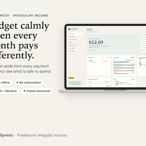 Stillpenny Freelancer Budget for irregular income on a laptop: safe to spend until month end with a tax reserve kept out of spendable money.