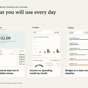 Three views of the Stillpenny Freelancer Budget app you use every day, side by side, with demo data.