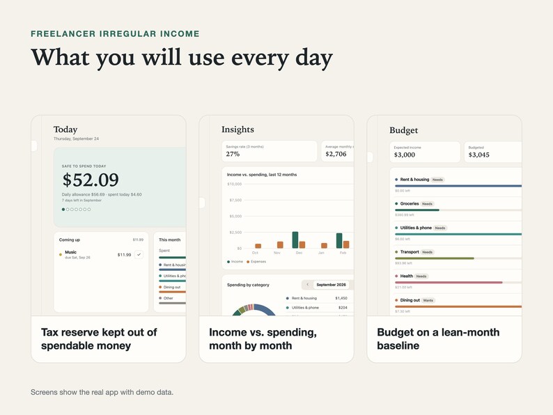 Three views of the Stillpenny Freelancer Budget app you use every day, side by side, with demo data.