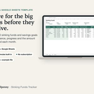 Sinking funds tracker spreadsheet on a laptop: funds with target, balance, progress bars, needed per month and on-track status, headline 'Save for the big bills before they arrive'.