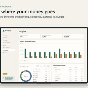 Insights screen on a laptop: income vs. spending for the last 12 months as a bar chart, spending by category and 3-month averages vs. budget.