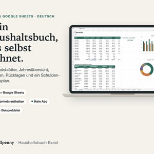 Haushaltsbuch als Excel-Vorlage auf einem Laptop: Jahresübersicht mit Einnahmen, Ausgaben, Sparen und Diagrammen, Überschrift 'Dein Haushaltsbuch, das selbst rechnet'.