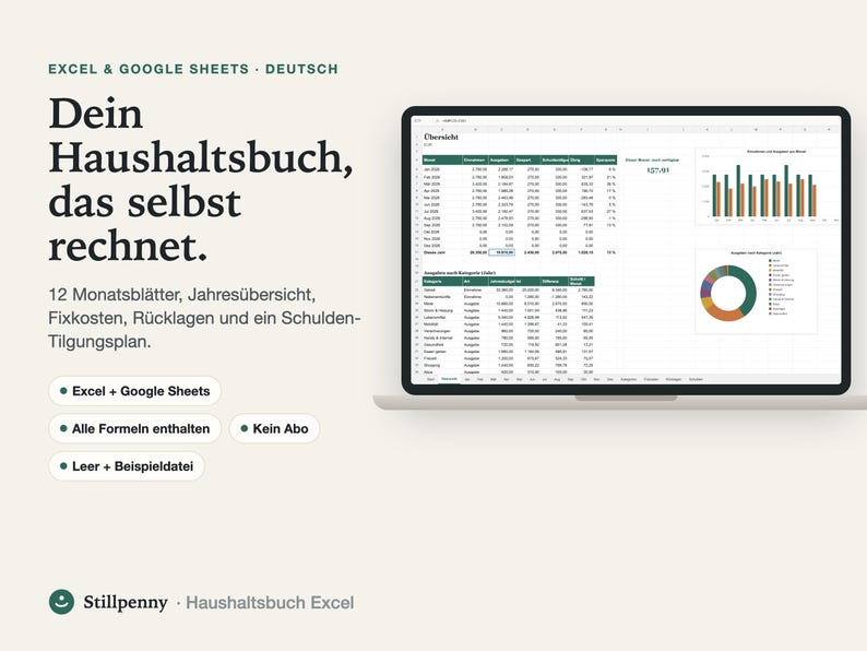 Haushaltsbuch als Excel-Vorlage auf einem Laptop: Jahresübersicht mit Einnahmen, Ausgaben, Sparen und Diagrammen, Überschrift 'Dein Haushaltsbuch, das selbst rechnet'.