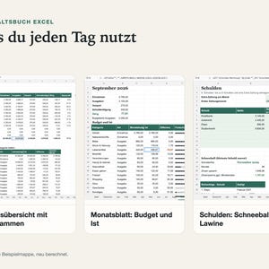 Drei Ansichten der Vorlage nebeneinander: Jahresübersicht mit Diagrammen, Monatsblatt mit Budget und Ist je Kategorie, Schulden-Tilgungsplan mit Schneeball und Lawine.