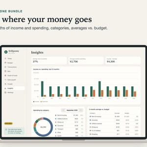 Insights screen on a laptop: income vs. spending for the last 12 months as a bar chart, spending by category and 3-month averages vs. budget.