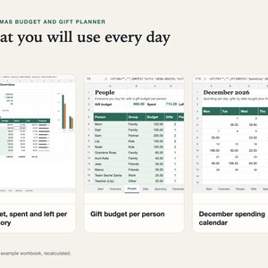 Three spreadsheet views: Christmas overview by category, gift budget per person with progress bars, and a December calendar with spending per day.