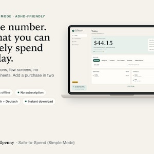 Stillpenny Safe-to-Spend budget app on a laptop showing one big number, $44.15 safe to spend today, with quick-add category buttons; headline 'One number. What you can safely spend today'.