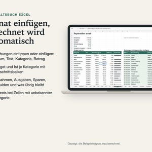 Monatsblatt des Haushaltsbuchs auf einem Laptop: rechts die Buchungen, links Budget und Ist je Kategorie mit Fortschrittsbalken und dem Betrag, der übrig bleibt.