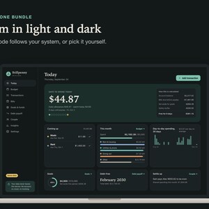 The Stillpenny All-in-One app in dark mode on a laptop; dark mode follows your system or can be picked by hand.