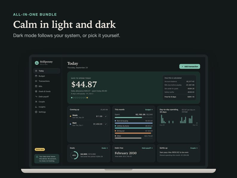 The Stillpenny All-in-One app in dark mode on a laptop; dark mode follows your system or can be picked by hand.