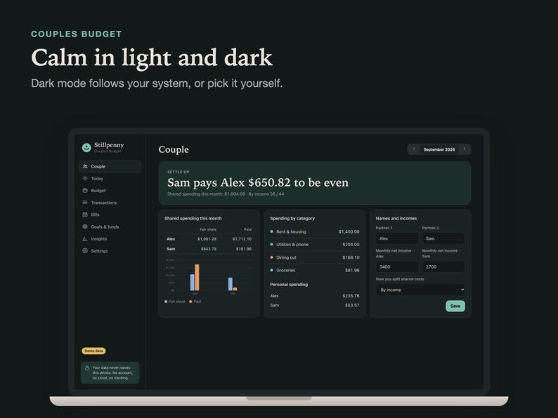 The Stillpenny Couples Budget app in dark mode on a laptop; dark mode follows your system or can be picked by hand.