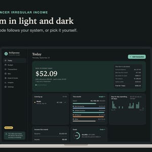 The Stillpenny Freelancer Budget app in dark mode on a laptop; dark mode follows your system or can be picked by hand.