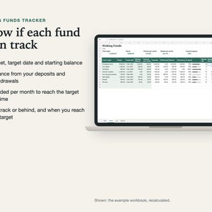 Funds sheet on a laptop with target date, balance, remaining amount, needed per month and on track or behind for each fund.