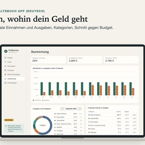 Auswertung auf einem Laptop: Einnahmen und Ausgaben der letzten 12 Monate als Balkendiagramm, Ausgaben nach Kategorie und 3-Monats-Schnitt gegen Budget.
