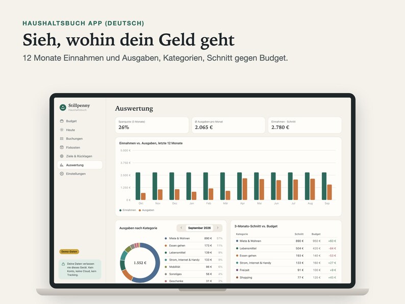 Auswertung auf einem Laptop: Einnahmen und Ausgaben der letzten 12 Monate als Balkendiagramm, Ausgaben nach Kategorie und 3-Monats-Schnitt gegen Budget.