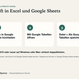 Drei Schritte für Google Sheets: die .xlsx-Datei in Google Drive hochladen, mit Google Tabellen öffnen, dann Datei > Als Google Tabellen speichern.
