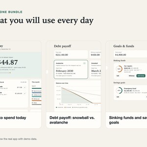 Three views of the Stillpenny All-in-One app you use every day, side by side, with demo data.