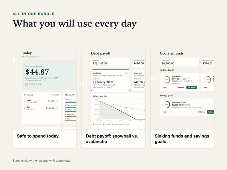 Three views of the Stillpenny All-in-One app you use every day, side by side, with demo data.