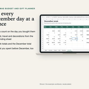 December calendar sheet on a laptop with the amount spent on each day, week totals and the December total.