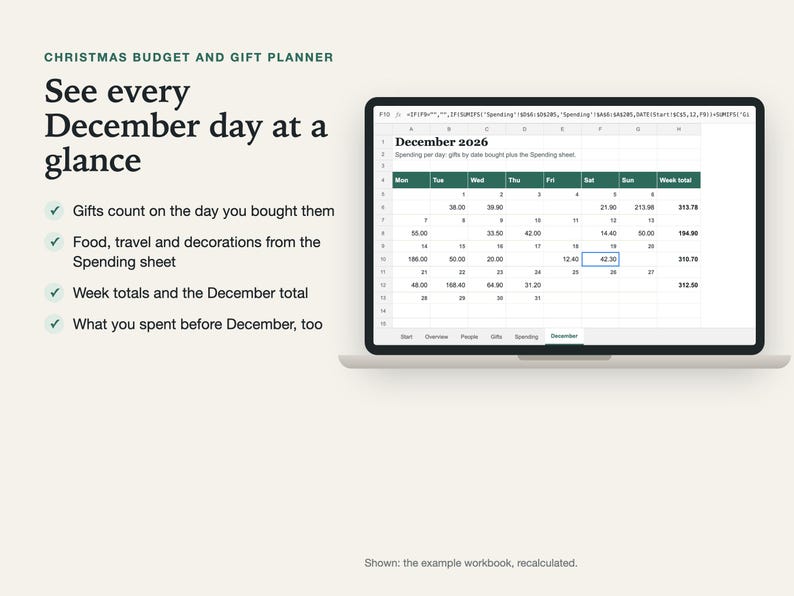 December calendar sheet on a laptop with the amount spent on each day, week totals and the December total.