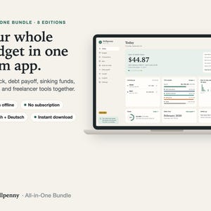 Stillpenny All-in-One budget app bundle on a laptop: Today dashboard with the amount that is safe to spend today; headline 'Your whole budget in one calm app'.