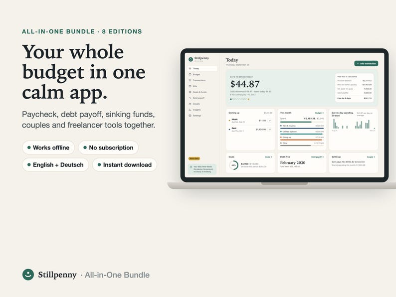 Stillpenny All-in-One budget app bundle on a laptop: Today dashboard with the amount that is safe to spend today; headline 'Your whole budget in one calm app'.