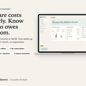 Stillpenny Couples Budget on a laptop showing the monthly settle-up split by income and who pays whom to be even; headline 'Share costs fairly. Know who owes whom'.