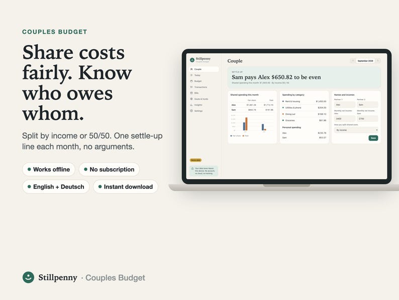 Stillpenny Couples Budget on a laptop showing the monthly settle-up split by income and who pays whom to be even; headline 'Share costs fairly. Know who owes whom'.