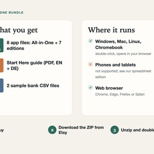 What you get: the app as one HTML file, a Start Here PDF guide and two sample bank CSV files; runs in the browser on Windows, Mac, Linux and Chromebook, not on phones or tablets.