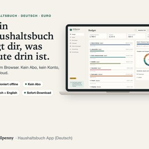 Stillpenny Haushaltsbuch App auf Deutsch in Euro auf einem Laptop: Budget je Kategorie mit Fortschrittsbalken; Überschrift 'Dein Haushaltsbuch sagt dir, was heute drin ist'.