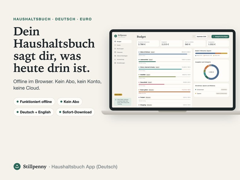 Stillpenny Haushaltsbuch App auf Deutsch in Euro auf einem Laptop: Budget je Kategorie mit Fortschrittsbalken; Überschrift 'Dein Haushaltsbuch sagt dir, was heute drin ist'.