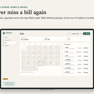 Bills screen on a laptop: calendar of due dates and paydays and a list of upcoming bills with one-tap Mark paid.