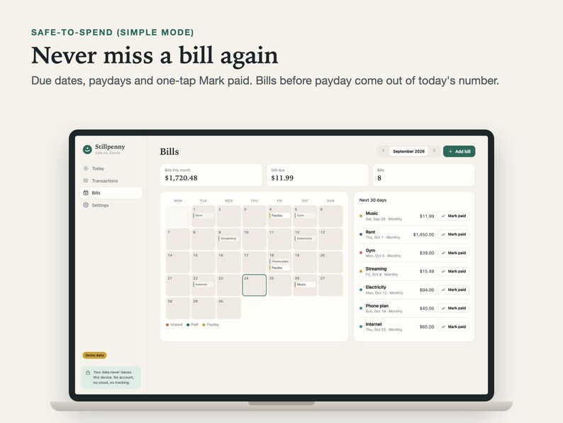 Bills screen on a laptop: calendar of due dates and paydays and a list of upcoming bills with one-tap Mark paid.