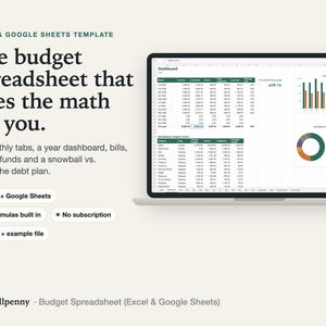 Budget spreadsheet for Excel and Google Sheets shown on a laptop: year dashboard with monthly income, expenses, savings and charts, headline 'The budget spreadsheet that does the math for you'.