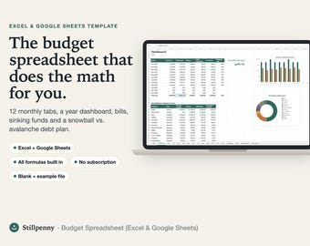 Budget Spreadsheet for Excel & Google Sheets, Monthly Planner with Dashboard, Debt Payoff, Sinking Funds