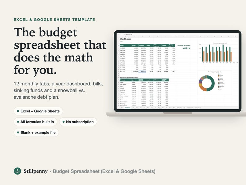 Budget spreadsheet for Excel and Google Sheets shown on a laptop: year dashboard with monthly income, expenses, savings and charts, headline 'The budget spreadsheet that does the math for you'.