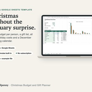 Christmas budget spreadsheet on a laptop: overview with budget, spent and left per category and a bar chart, headline 'Christmas without the January surprise'.