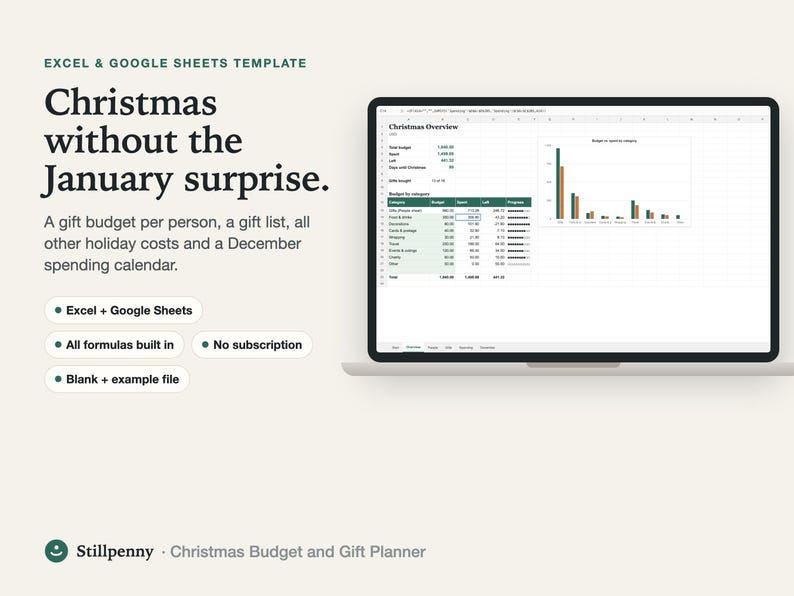 Christmas budget spreadsheet on a laptop: overview with budget, spent and left per category and a bar chart, headline 'Christmas without the January surprise'.