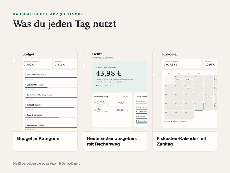 Drei Ansichten der App Haushaltsbuch, die du jeden Tag nutzt, nebeneinander, mit Beispieldaten.