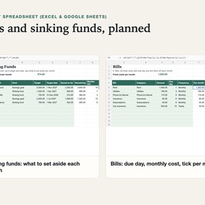 Sinking funds sheet with targets, dates and the amount to set aside each month, next to the bills tracker with due days and monthly cost.