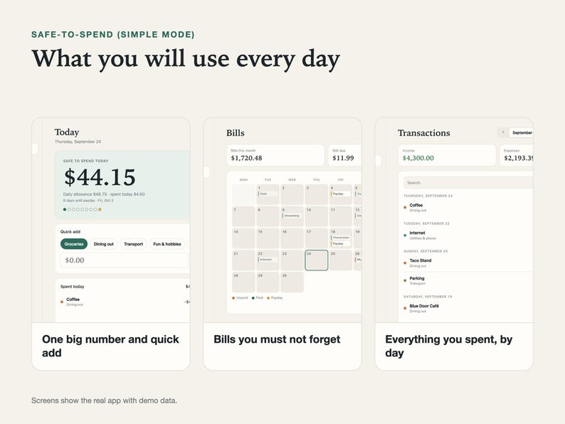 Three views of the Stillpenny Safe-to-Spend app you use every day, side by side, with demo data.