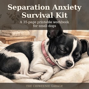 May include: A 35-page printable workbook titled Separation Anxiety Survival Kit for small dogs, featuring an illustration of a black and white dog with a pink collar sleeping on a soft white blanket, with The Chiweenie Garage text.
