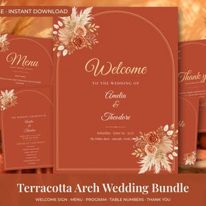 May include: A terracotta-colored wedding stationery bundle featuring an arched frame design. The set includes a welcome sign, menu, program, and thank you card, all decorated with illustrations of dried flowers and pampas grass.