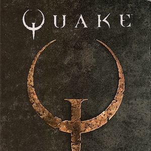 May include: A black and white image of the Quake video game logo. The logo features a stylized "Q" with a curved line and a spike. The text "QUAKE" is written in white above the logo. The "id" logo is in the bottom left corner.