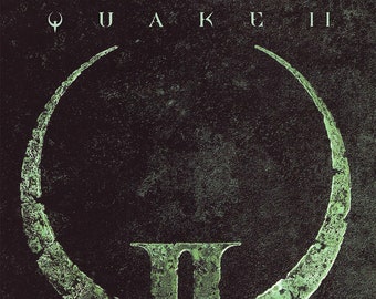 Könnte beinhalten: Dunkelgrünes und schwarzes Grafikdesign mit dem Text "QUAKE II" oben. Das zentrale Bild ist eine stilisierte "II" mit einem kreisförmigen Element darüber. Das "id"-Logo befindet sich unten links.