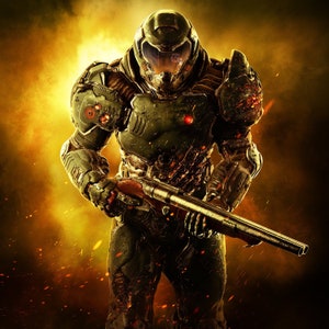 May include: A futuristic warrior in olive green armour, holding a double-barrelled shotgun. The character has a helmet with a visor and red accents. The background is a fiery orange and yellow with sparks.