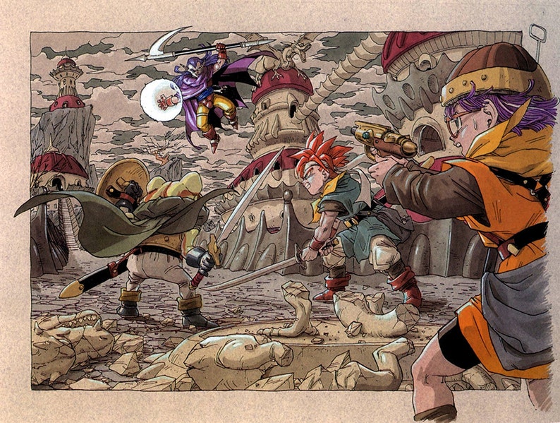 May include: A group of four characters from a video game are standing in a ruined city. The characters are all wearing different outfits and holding weapons. The city is in ruins, with broken buildings and rubble everywhere. The sky is cloudy and gray.